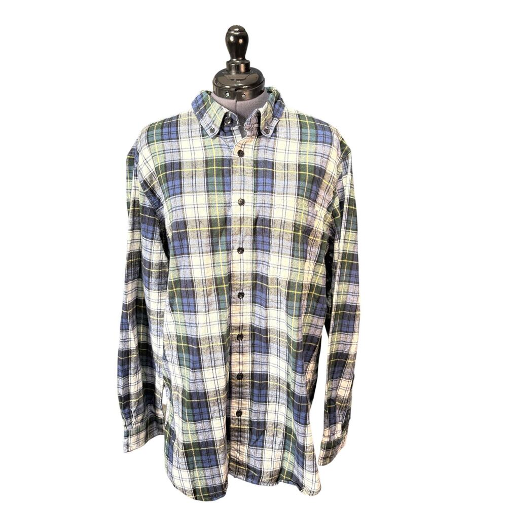 L.L.Bean Men’s L Tall Flannel Shirt Plaid Button Front Cotton Blue Green Large